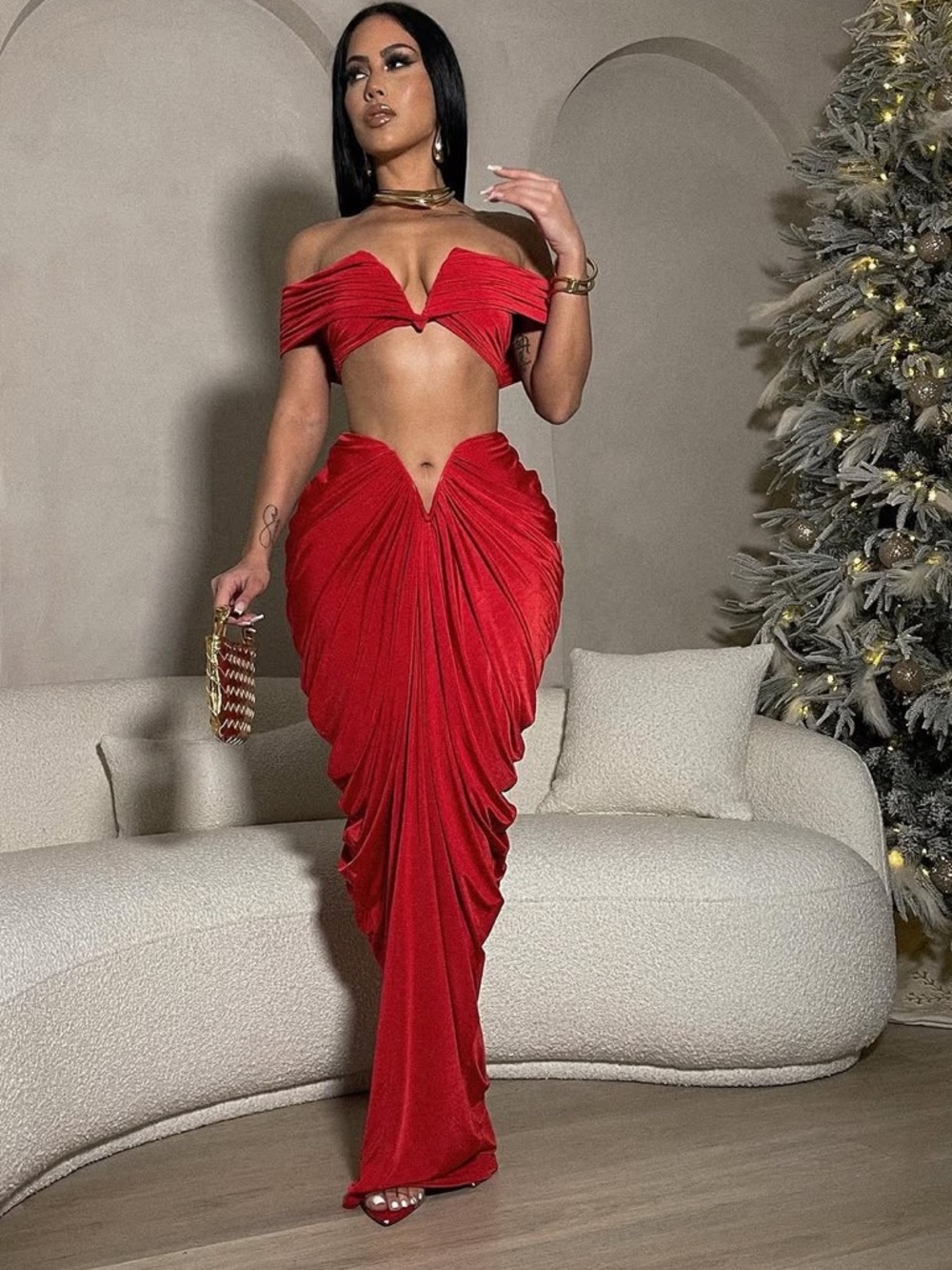 Red Two-Piece Draped Cutout Skirt Set